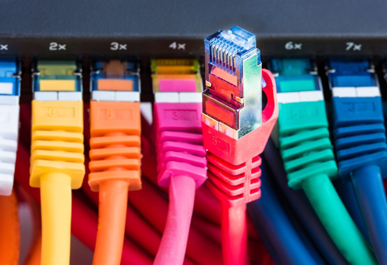Foto de uma sequência de cabos de fibra óptica coloridos conectados em uma rede com gerenciamento OLT