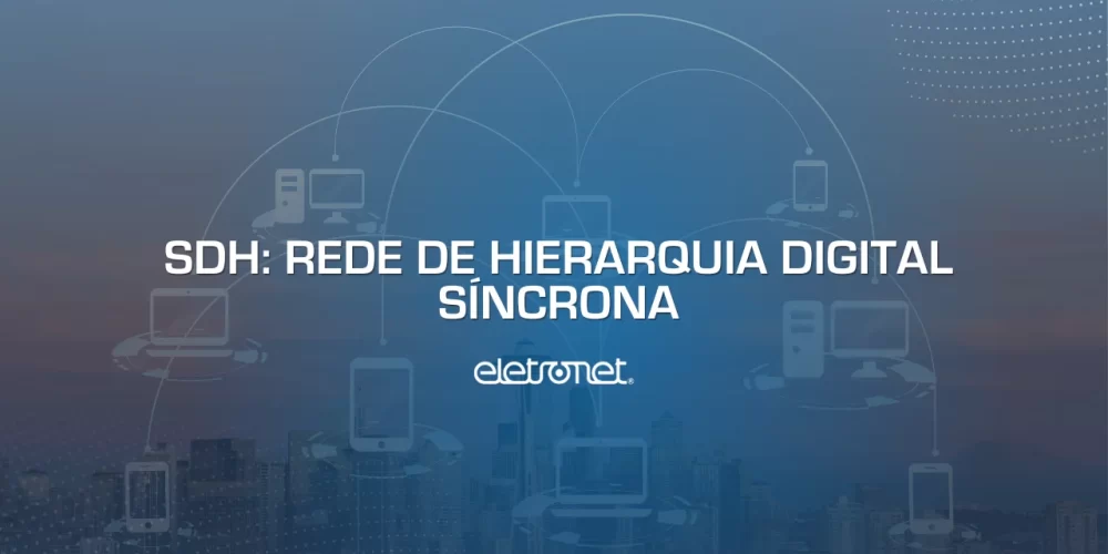 Ícones de computadores interconectados sobre a imagem de uma cidade, representando o transporte de dados de uma rede SDH.