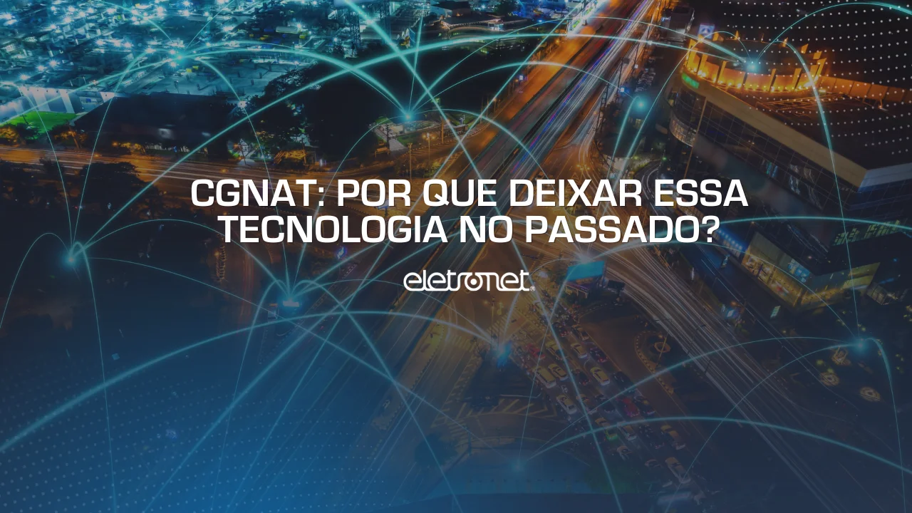 Imagem aérea noturna de uma cidade com diversas linhas luminosas interconectando vários pontos, representando os endereços IP do CGNAT.