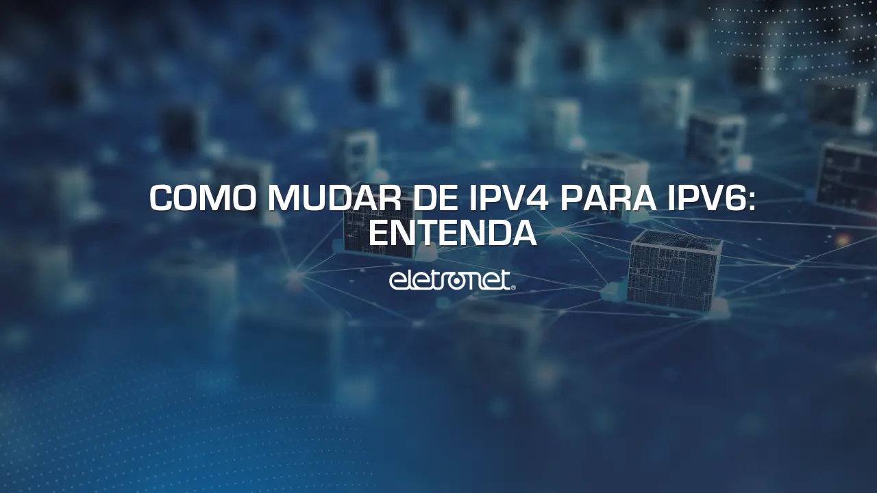 Imagem de vários cubos pequenos interconectados por linhas azuis, representando os novos endereços IP após saber como mudar de IPv4 para IPV6.