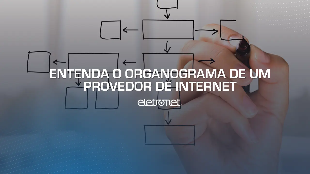 Mão branca segurando caneta e desenhando quadradinhos para organograma de provedor de internet em um quadro de vidro transparente.