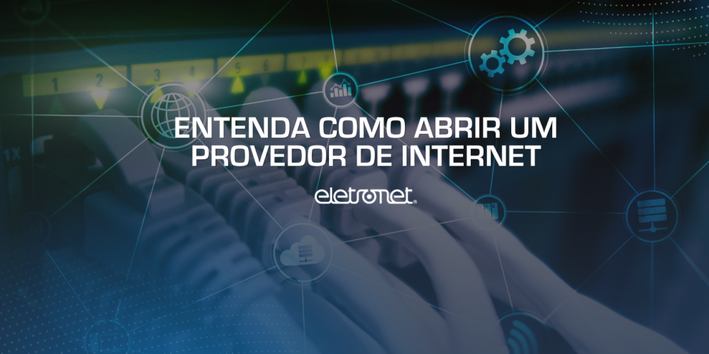 Imagem de cabos de internet e ícones digitais interligados sobrepostos representando a operação de um ISP após o dono entender como abrir um provedor de internet.