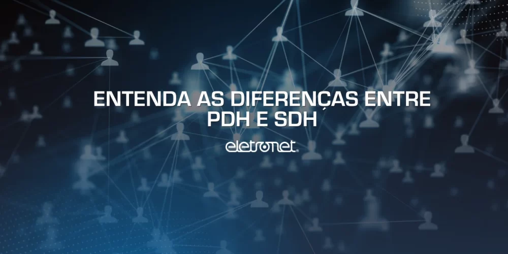 Vários ícones digitais de usuários interconectados por linhas azuis, representando a conectividade das tecnologias PDH e SDH.